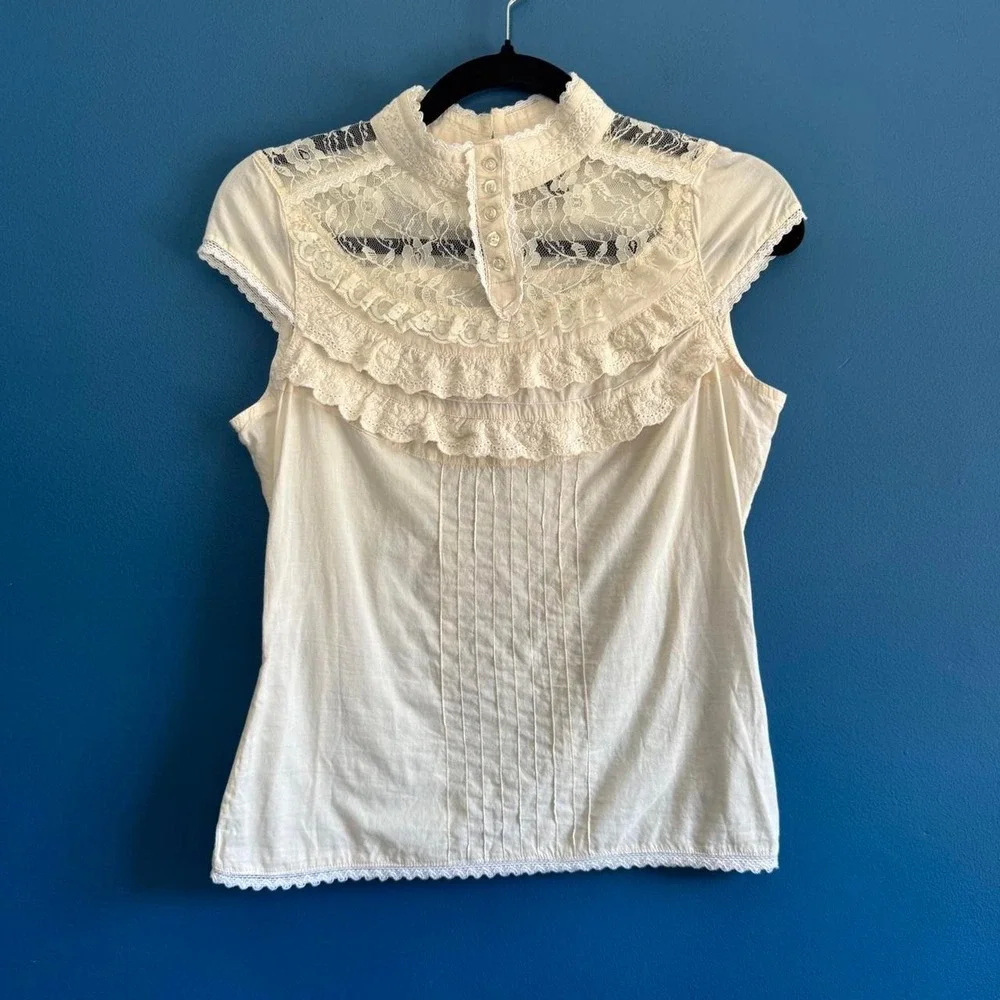 Y2K Lace Ruffle Blouse Women's Size 6 High Neck Seamed Boho Coquette Victorian